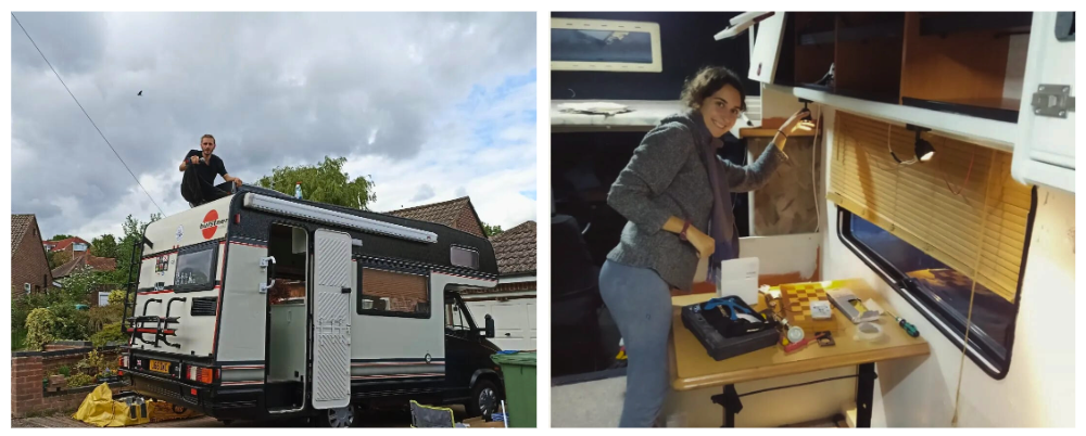 Photos of Jason and Denise, co-founders of Voltanic, working on Helga Motorhome